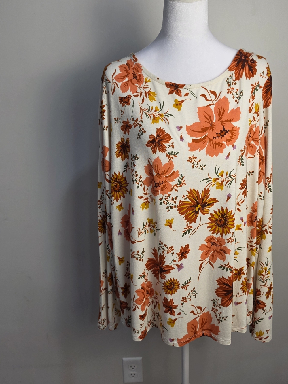 Cato Cream Long-Sleeve Floral Tee with Orange & Yellow Flowers